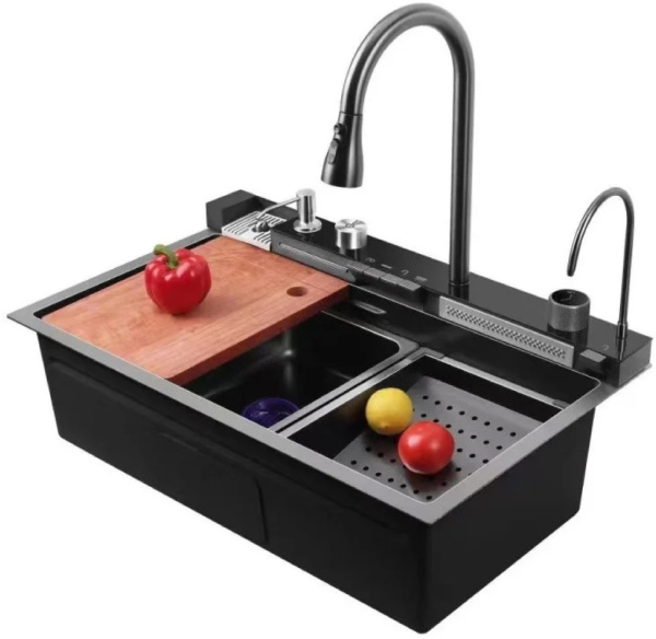 Мойка врезная 750х450х225  в комплекте смеситель водопад СЕНСОР Q-LINE BLACK