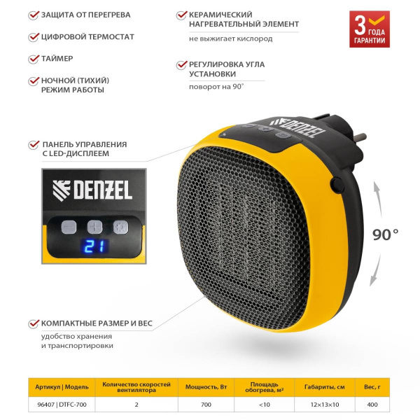 Тепловентилятор портативный керамический DTFC-700, 3 реж. вентилятор, нагрев 700 Вт // Denzel