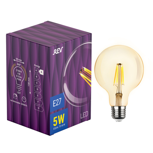 Лампа сд VINTAGE Filament шар G95E27 5W, 2700K, DECO Premium, теплый свет, REV 32433 1