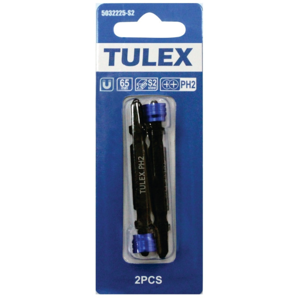 Биты двухсторонние TULEX 5032225-S2 для ГКЛ, магн.держатель-ограничитель, S2, фрез.,PH2,50мм(2шт/уп)