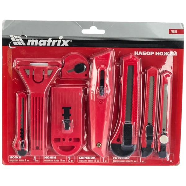 Набор ножей,  выдвижные лезвия, 9мм-4, 18мм-2,+скребки  выдвижн. фиксир.лезв.,40-52мм,2шт// MATRIX