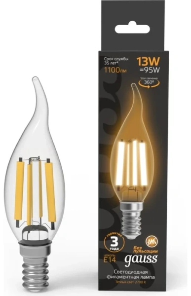 Лампа Gauss LED Filament Свеча на ветру 13W E14 1100lm 2700K 104801113