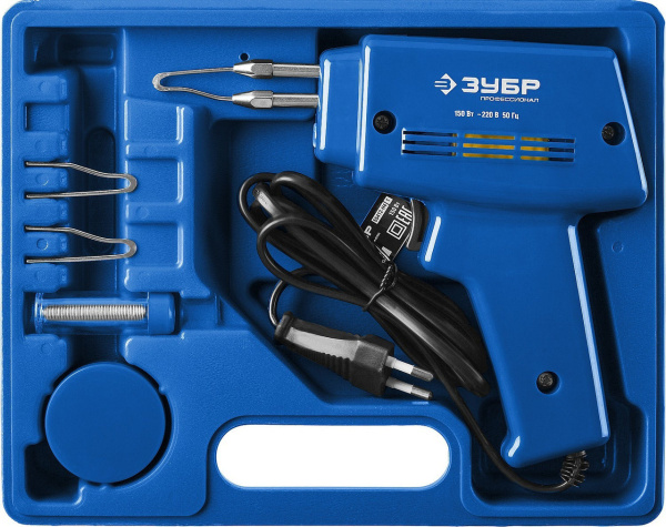 Паяльник импульсный ЗУБР "ПРОФЕССИОНАЛ" в наборе, 2 сменных жала, канифоль, припой, 150Вт