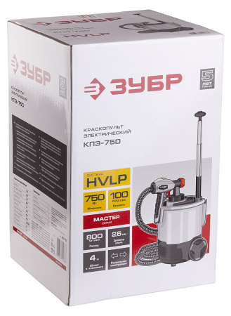 Краскопульт (краскораспылитель) электрич, ЗУБР КПЭ-750, HVLP, 0.8л, краскоперенос 0-800мл/мин,вязкос
