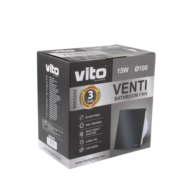 ВЕНТИЛЯТОР ВЫТЯЖНОЙ 100/ЗАКРЫТЫЙ -ЧЕРНЫЙ-СТЕКЛО VT/VENTI-GL100/FLAT GLASS/Φ100MM/15W/BLACK/BEARING A