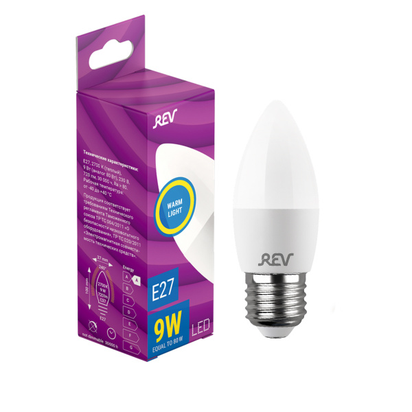 Лампа Rev сд C37 Е27 9W, 2700K, теплый свет (32412 6)