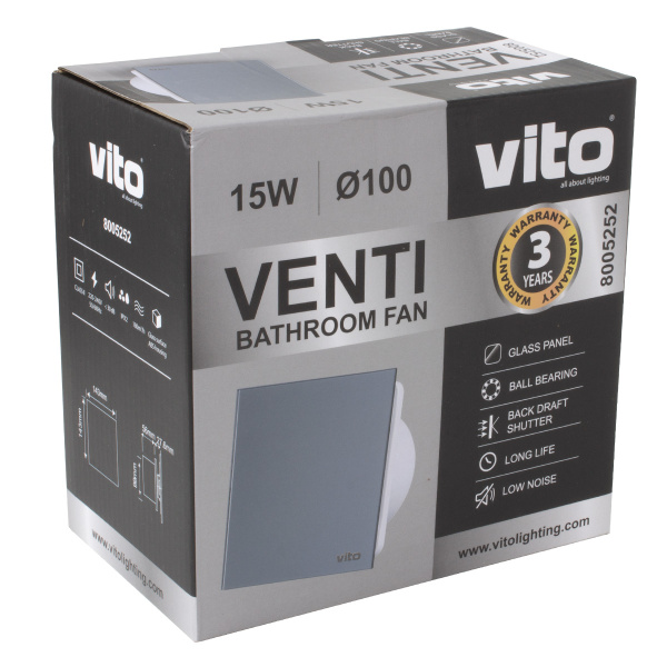 ВЕНТИЛЯТОР ВЫТЯЖНОЙ 100/ЗАКРЫТЫЙ -СЕРЫЙ-СТЕКЛО VT/VENTI-GL100/FLAT GLASS/Φ100MM/15W/GREY/BEARING AIR