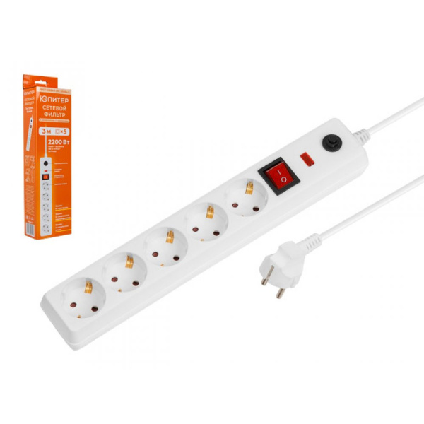 Фильтр сетевой 3м (5 роз., 2,2кВт, с/з, выкл, ПВС 3х0,75) белый Юпитер