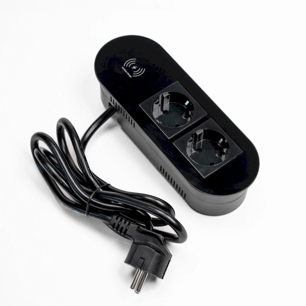 Бокс настольный встраиваемый 2 розетки, беспр. зарядка, 1,5 м., чёрный Shelbi STS-1S-1U1C-B