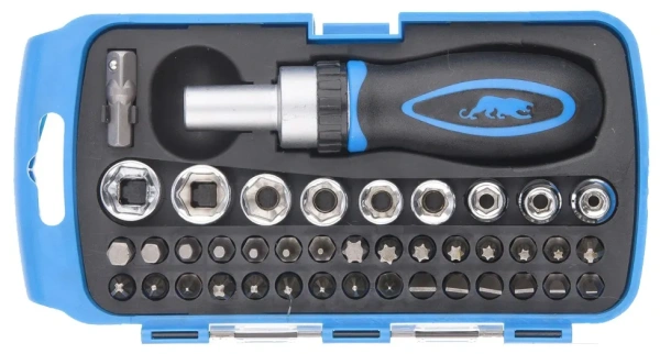 Отвертка реверсивная мини с набором бит и торцевыми головками , 41 шт//БАРС