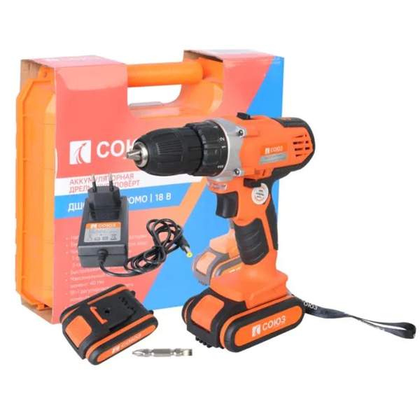 Дрель-шуруповерт аккумуляторная СОЮЗ, ДШС-18-2К-ПРОМО 18В, 40Нм, 2 АКБx1.5Ач, кейс