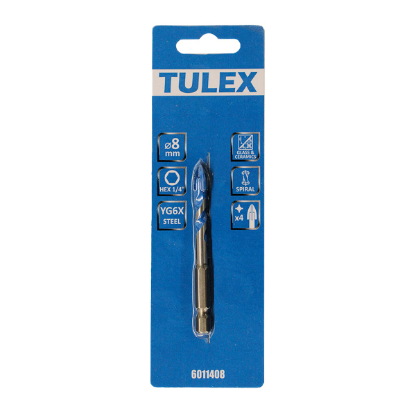 Сверло TULEX 6011408 по кафелю,керамике,стеклу,с пылеудалением,4 реж,лезвия,6-гр хв.,1/4,8мм(1шт/уп)