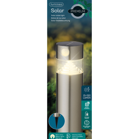 Фонарь садовый с датчиком движения, d-9,8, h-30 см., нерж. сталь, на солн.батарее, теплый белый. 895