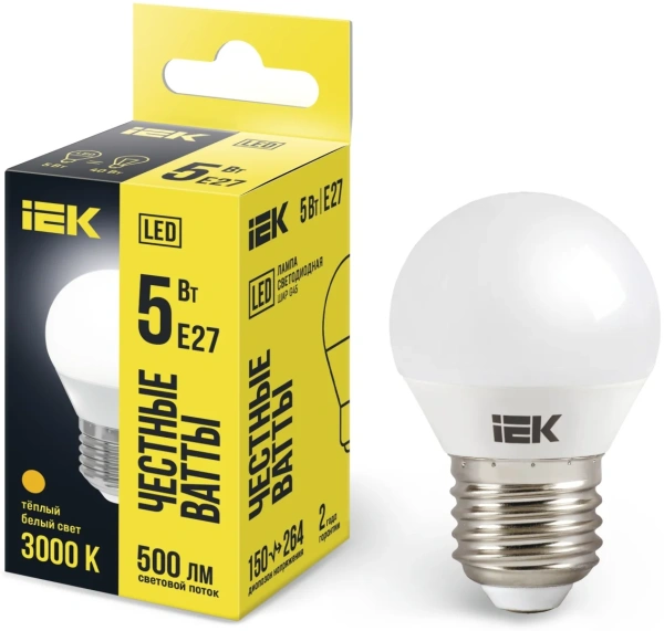 Лампа светодиодная ECO G45 шар 5Вт 230В 3000К Е27 IEK LLE-G45-5-230-30-E27