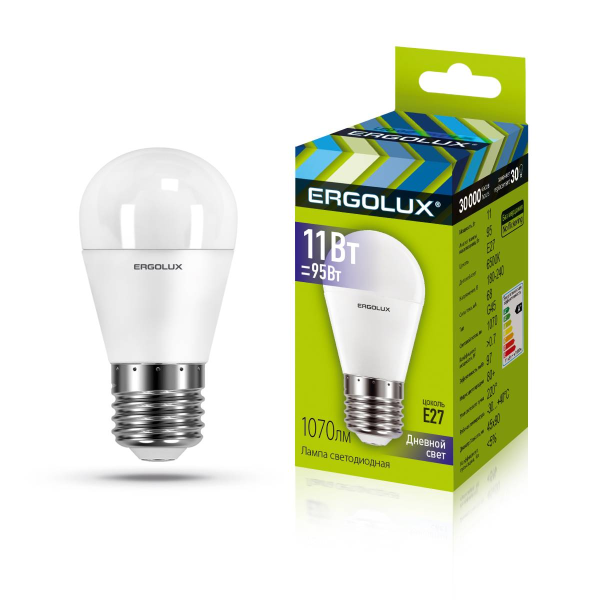 Лампа Ergolux LED-G45-11W-E27-6K (Эл.лампа светодиодная Шар 11Вт E27 6500K 172-265В) 13632