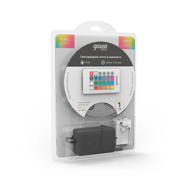 Лента Gauss LED Basic в комплекте 5050/60 10W/m 12V 700lm/m RGB 10mm IP20 5м  BT042