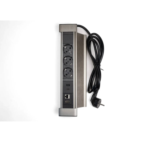 Блок настольный с крышкой, 3 розетки 200B, 1 USB, 1 Type-C, RJ45, HDMI чёрный