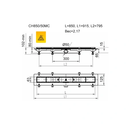 Трап линейный для пола, боковой слив, черный MCH CH850/50MC