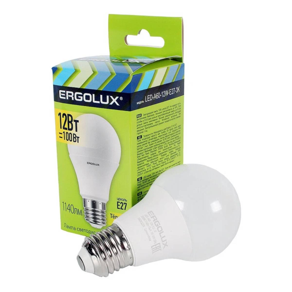 Лампа Ergolux LED-A60-12W-E27-3K (Эл.лампа светодиодная ЛОН 12Вт E27 3000K 180-240В) 12150