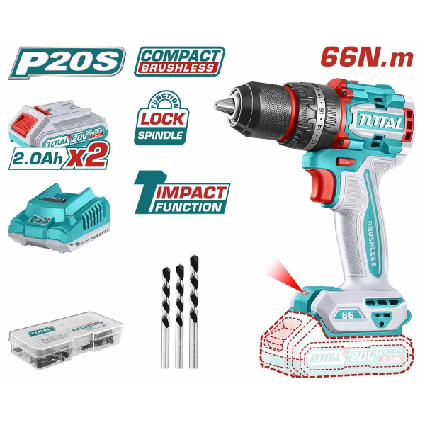 Шуруповерт аккумуляторный бесщёточный "ТОТАL" TIDLI20668 - LI-Ion, 20V, 66Nm INDUSTRIAL.