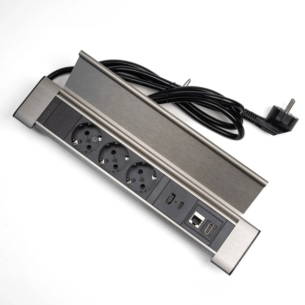 Блок настольный с крышкой, 3 розетки 200B, 1 USB, 1 Type-C, RJ45, HDMI чёрный