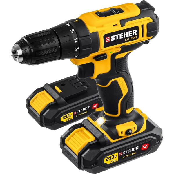 Дрель-шуруповерт STEHER 20В, 2 АКБ (2Ач), в кейсе, CD-200-2