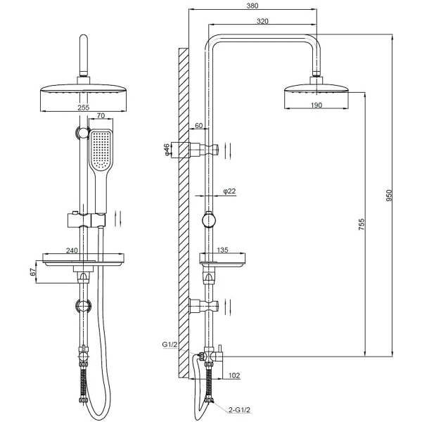 Душевая система с переключателем, без смесителя, хром ESKO ST1250