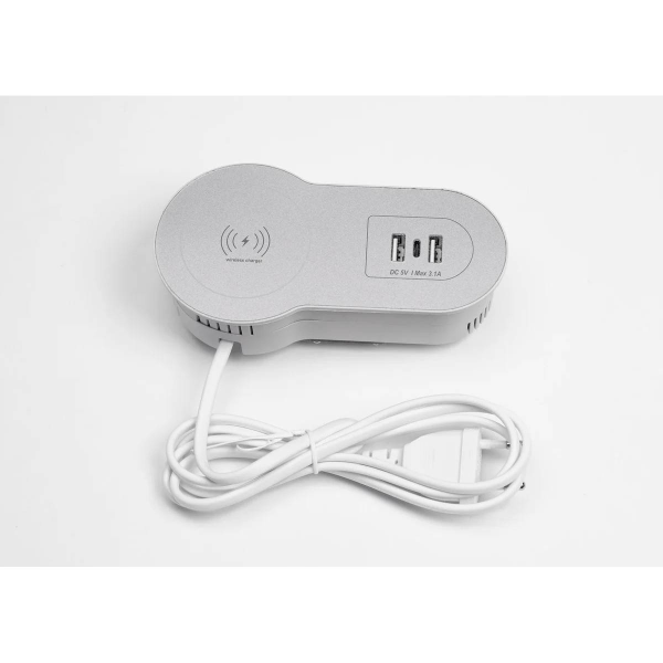 Бокс настольный встраиваемый 2 USB, 1 Type-C, беспроводная зарядка, шнур 1,5 м., серебро