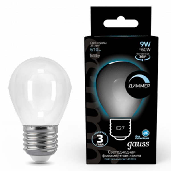 Лампа Gauss LED Filament Шар 9W E27 610 lm 4100K milky диммир.105202209-D