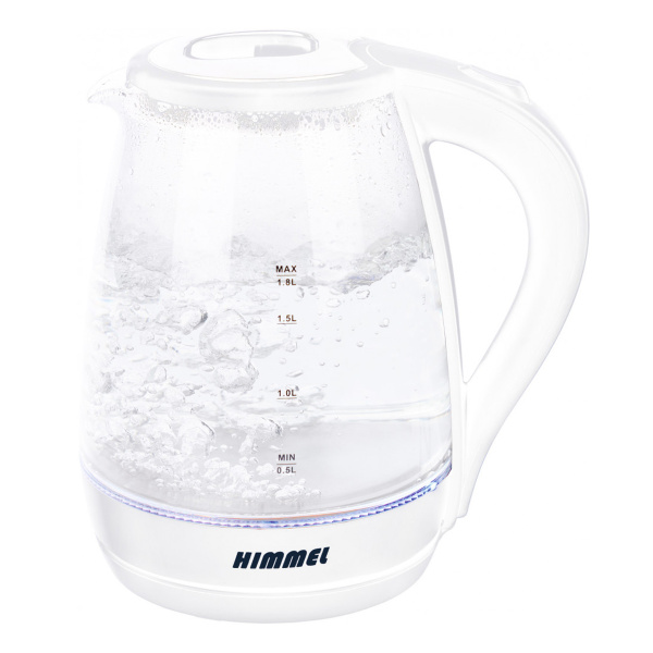 Чайник HIMMEL KW-2018, 1,8 л, 1500 Вт, закрытый нагревательный элемент, стекло пластик, белый