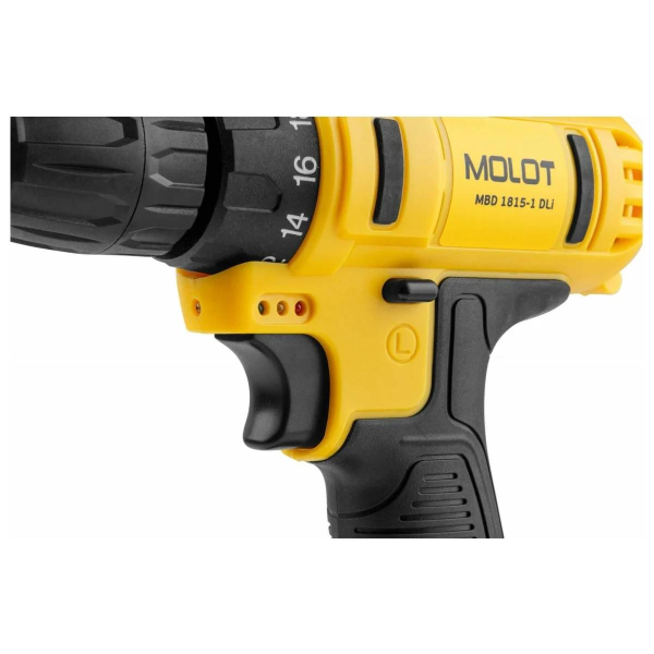 Дрель-шуруповерт аккум. MOLOT MBD 1815-1 DLi в чем. 18В, 2 акк., 1.5 А/ч Li-Ion, 2 скор., 30 Нм, арт