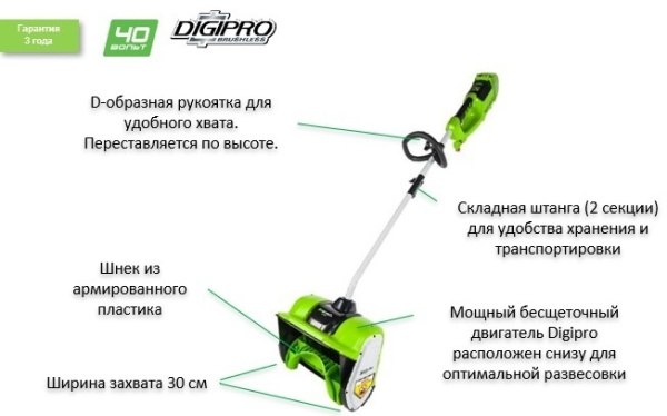 Снегоуборщик аккумуляторный Greenworks GD40SSK4, 40V, 30 см, бесщеточный, с 1хАКБ 4 Ач и ЗУ