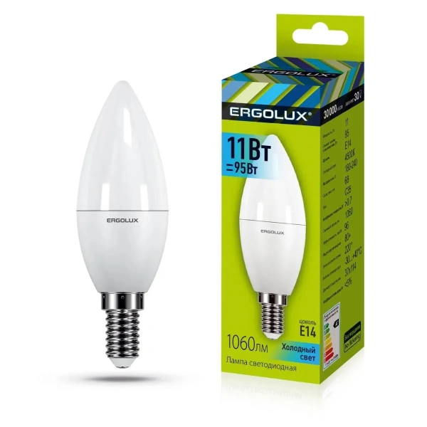 Лампа Ergolux LED-C35-11W-E14-4K (Эл.лампа светодиодная Свеча 11Вт E14 4500K 180-240В) 13619
