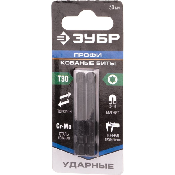 Биты ЗУБР "ПРОФИ" TORX, тип хвостовика E 1/4", T30, 50мм, 2шт, на карточке