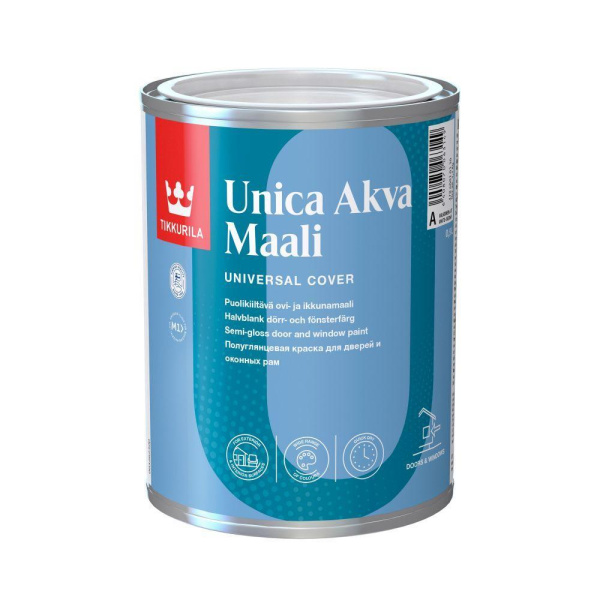 Краска для окон и дверей UNICA AKVA MAALI A п/гл 0,9л Краска для окон и дверей UNICA AKVA MAALI A п/гл 0,9л