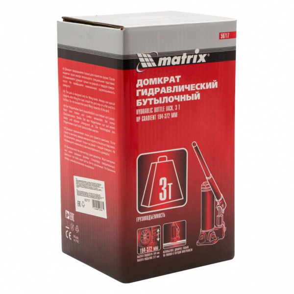 Домкрат гидравлический бутылочный, 3 т, h подъема 194-372 мм// Matrix
