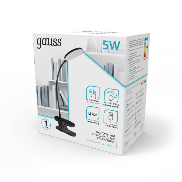 Св-к Gauss LED настольный GTL205 5W 330lm 4000K 5V Li-on 1200mA черный диммируемый GT2052