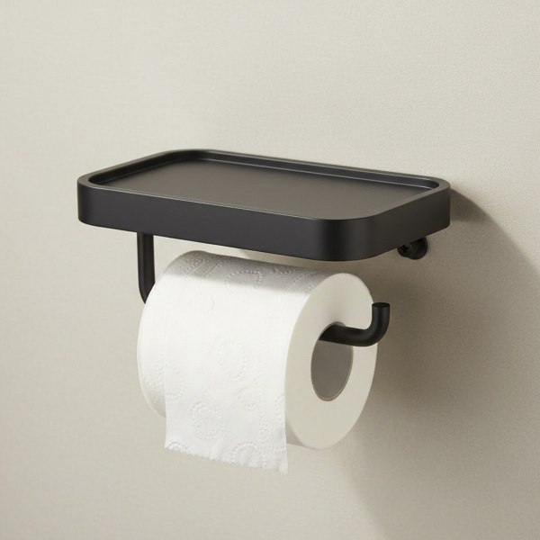 Держатель для туалетной бумаги открытый J&S Home с полкой для телефона черный JS186016