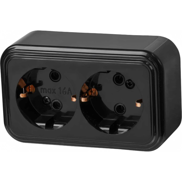 Розетка 2-ая (открытая, с/з) черная, Стандарт, Юпитер