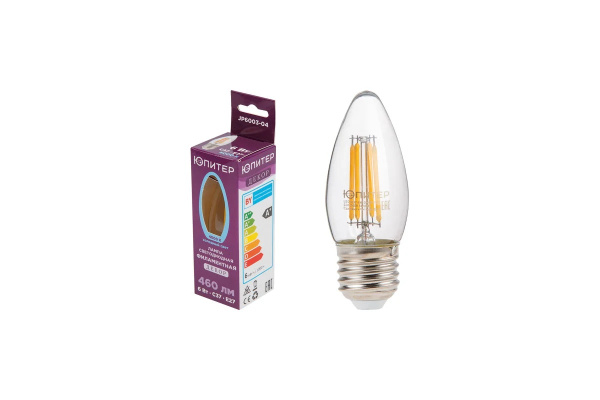Лампа светодиодная филаментная C37 СВЕЧА 6 Вт E27 4000К ЮПИТЕР ДЕКОР
