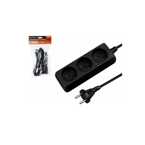 Удлинитель 3м (3 роз., 2,2кВт, б/з, ПВС 2х0,75) черный, Юпитер, арт.JP8101-31