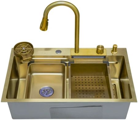 Мойка врезная 750х450х225 в комплекте смеситель водопад Q-LINE GOLD