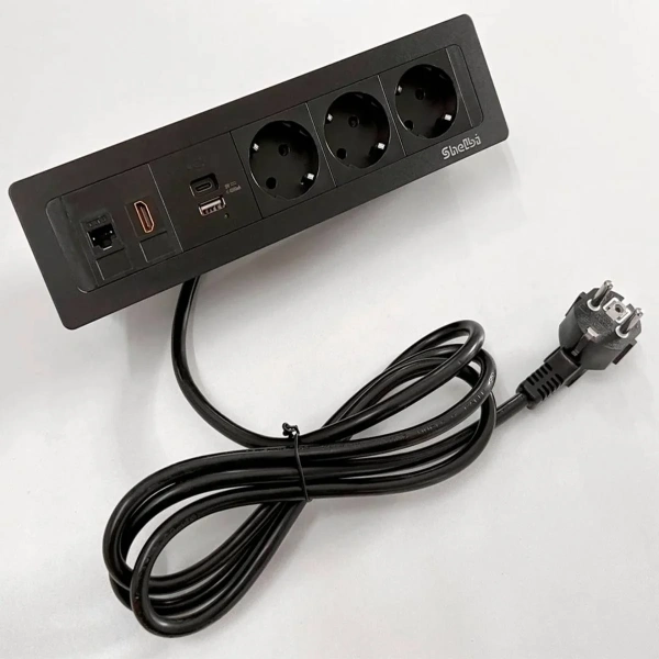 Блок настольный встраиваемый на 3 розетки 200B, USB, Type-C, RJ45, HDMI, чёрный