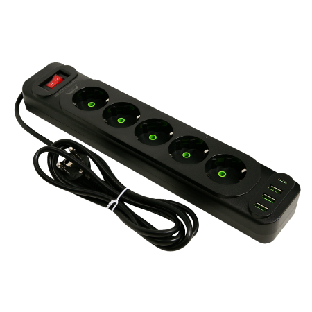 Удлинитель сетевой 2 м F25U 5 розеток,  3 usb разъема(черный)