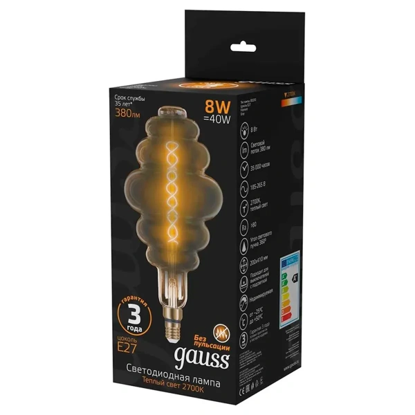 Лампа Gauss LED Filament Honeycomb 8W Е27 380lm 2700К gray flexible 159802008