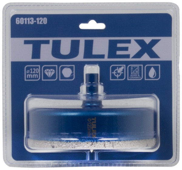 Коронка алмазная TULEX 60113-120 по стеклу и керам.плитке, центр.сверло, трехгранный хвостовик,120мм