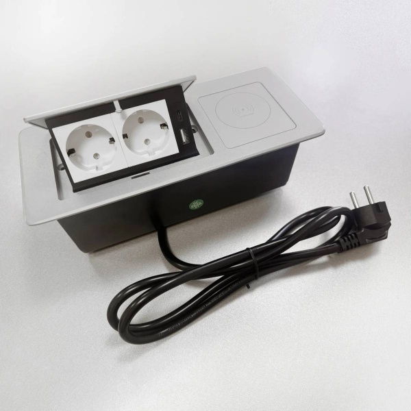 Бокс настольный на 2 розетки 200B, 1USB, 1 Type-C, беспр. зарядка, 1,5 м., серебро