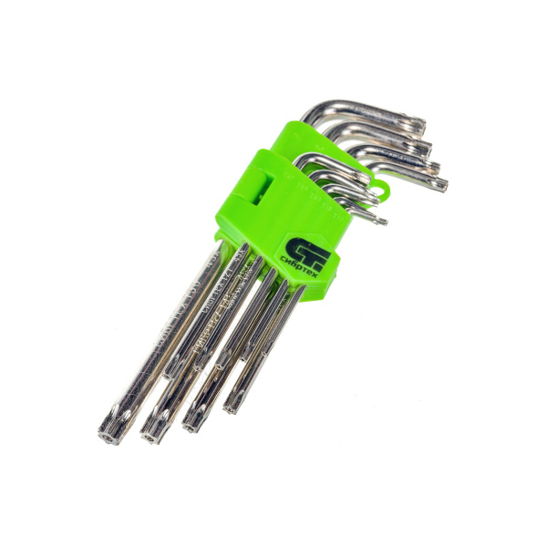 Набор ключей имбусовых Tamper-Torx, 9 шт., TT10-ТT50, 45x, закаленные, удлиненные, никель// Сибртех