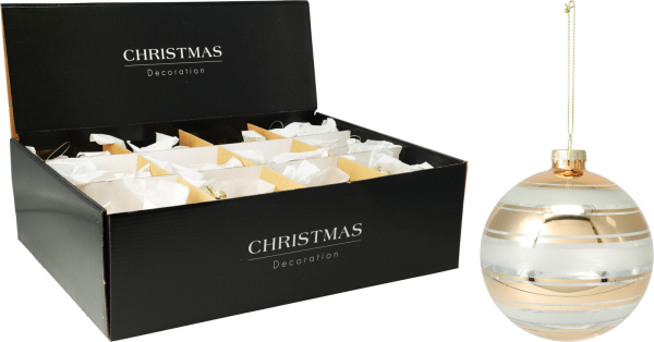 Шар елочный 10 см Полоска золото\белый ABR220010 К